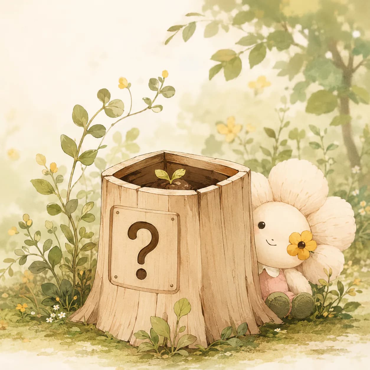 电子盲盒默认封面：树桩盲盒与小花人偶